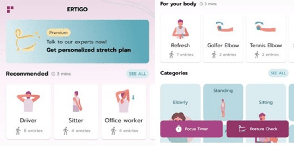 ERTIGO App Interface showing recommended exercises to address Office Syndrome