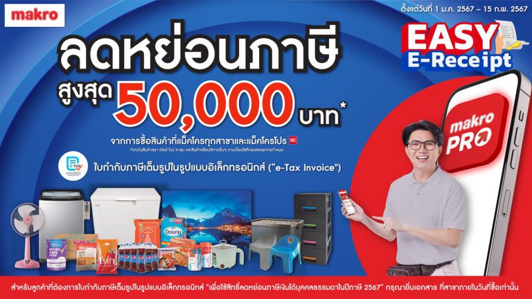 เริ่มแล้ว! แม็คโครจัดแคมเปญพิเศษ ขานรับนโยบายภาครัฐ Easy E-Receipt ลดหย่อนภาษีสูงสุด 50,000 บาท กระตุ้นการใช้จ่ายช่วงต้นปี